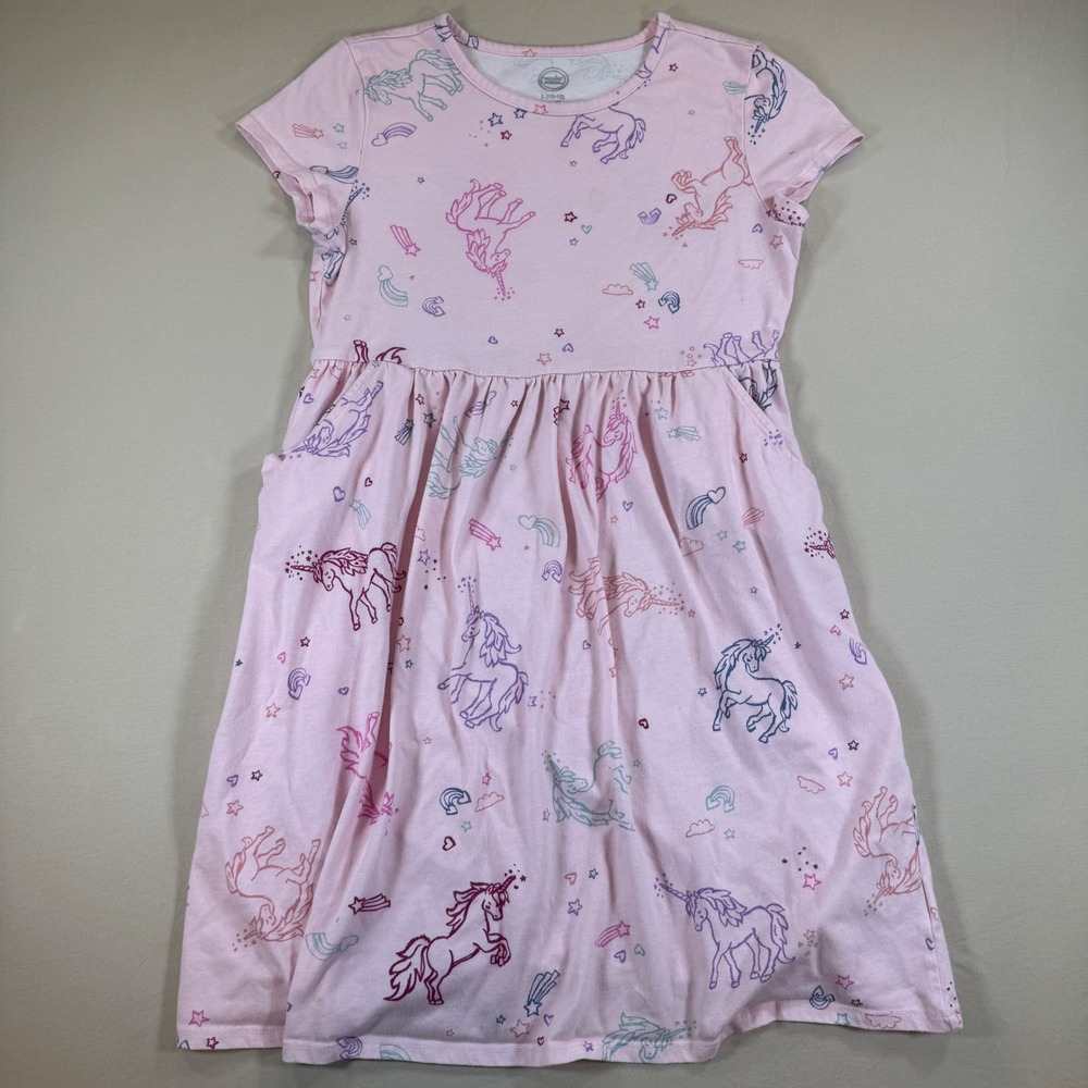 Wonder Nation Girls Pink Unicorn Rainbow Print Short Sleeve Pocket Dress L 10-12